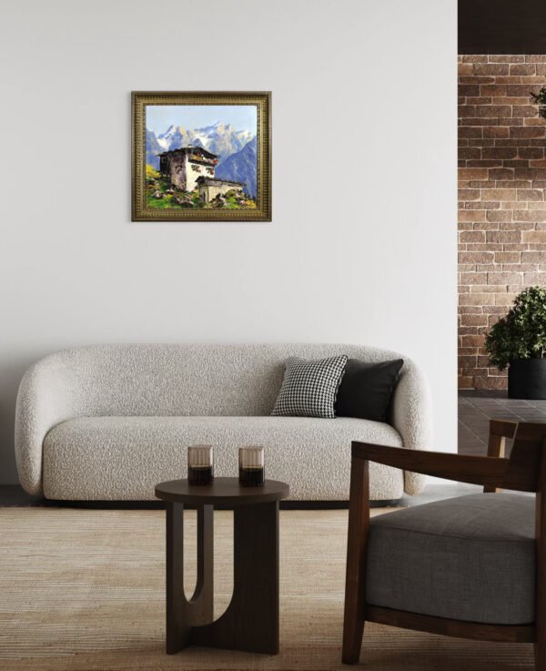 Peinture couteau chalet alpin