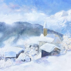 Peinture village Savoie enneigé
