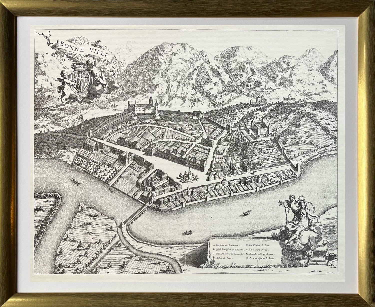 Gravure ancienne plan cavalier de Bonneville 17 ième