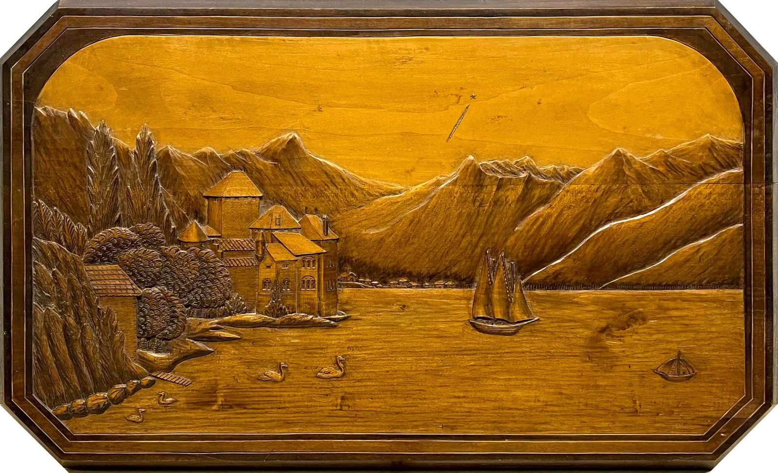 Tableau sculpté le lac Léman et le Château de Chillon