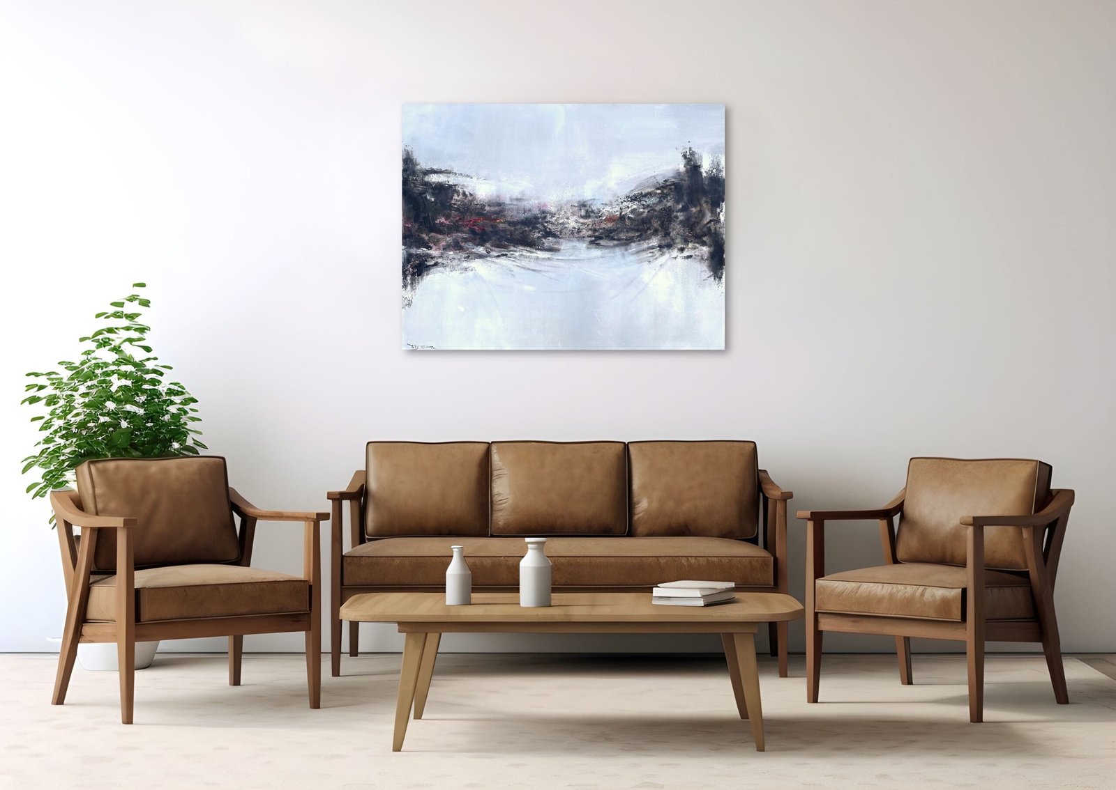 Salon moderne avec tableau abstrait.