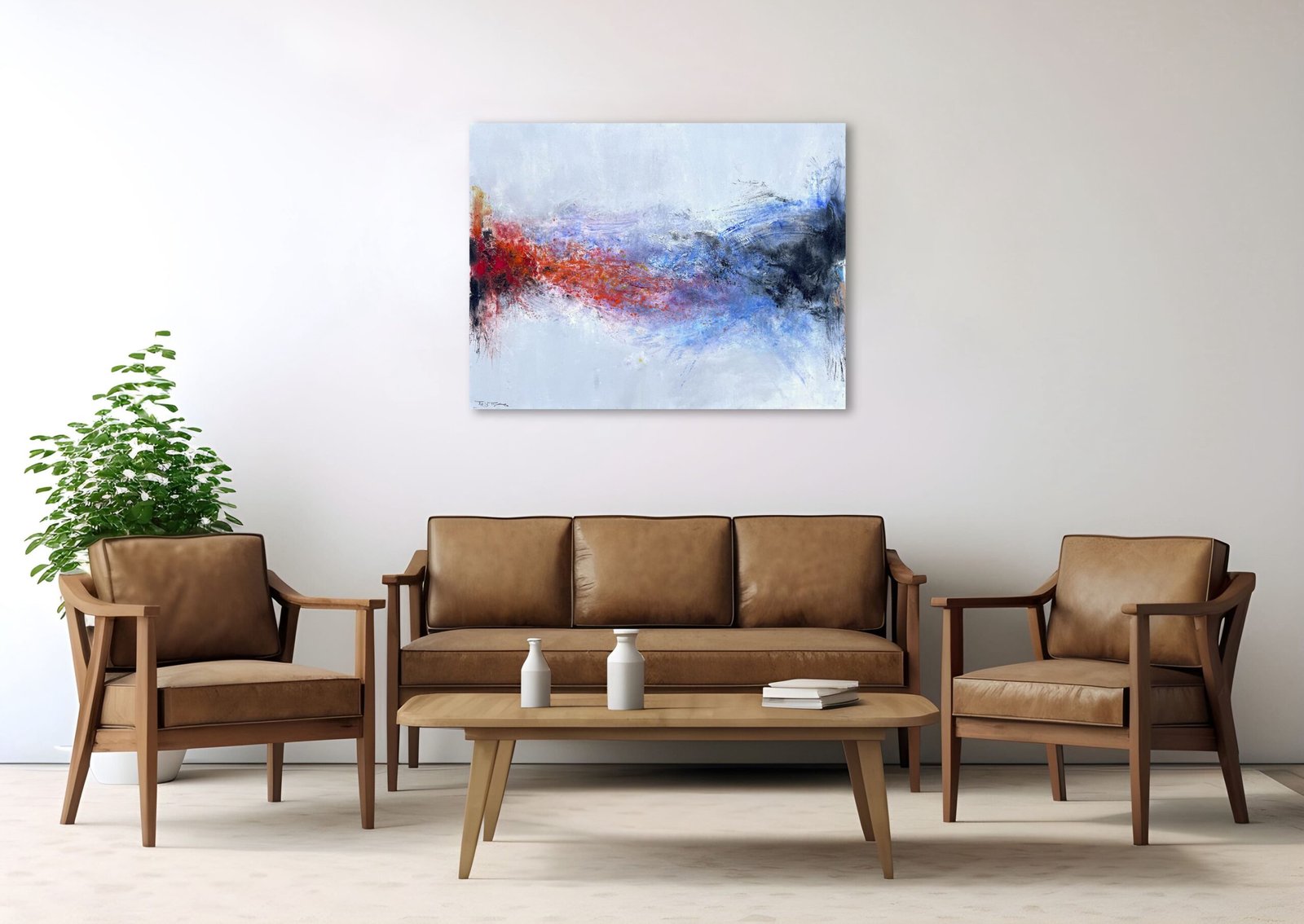 Salon moderne avec tableau abstrait.